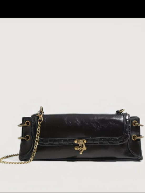 Handbags - Black Faux Leather Chain Shoulder Bag with Gold Hardware
